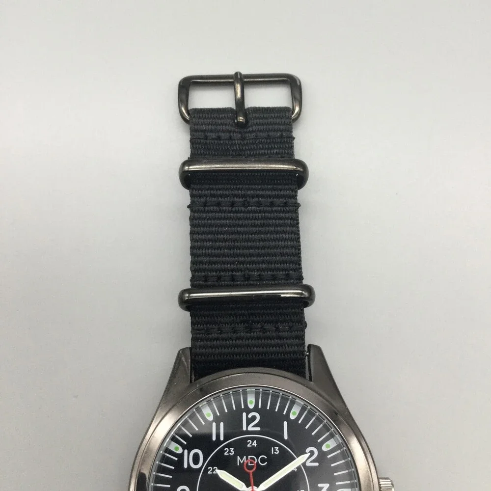 MDC Military Quartz Mens Watch 40mm Black Dial Silver Tone Nylon New Battery